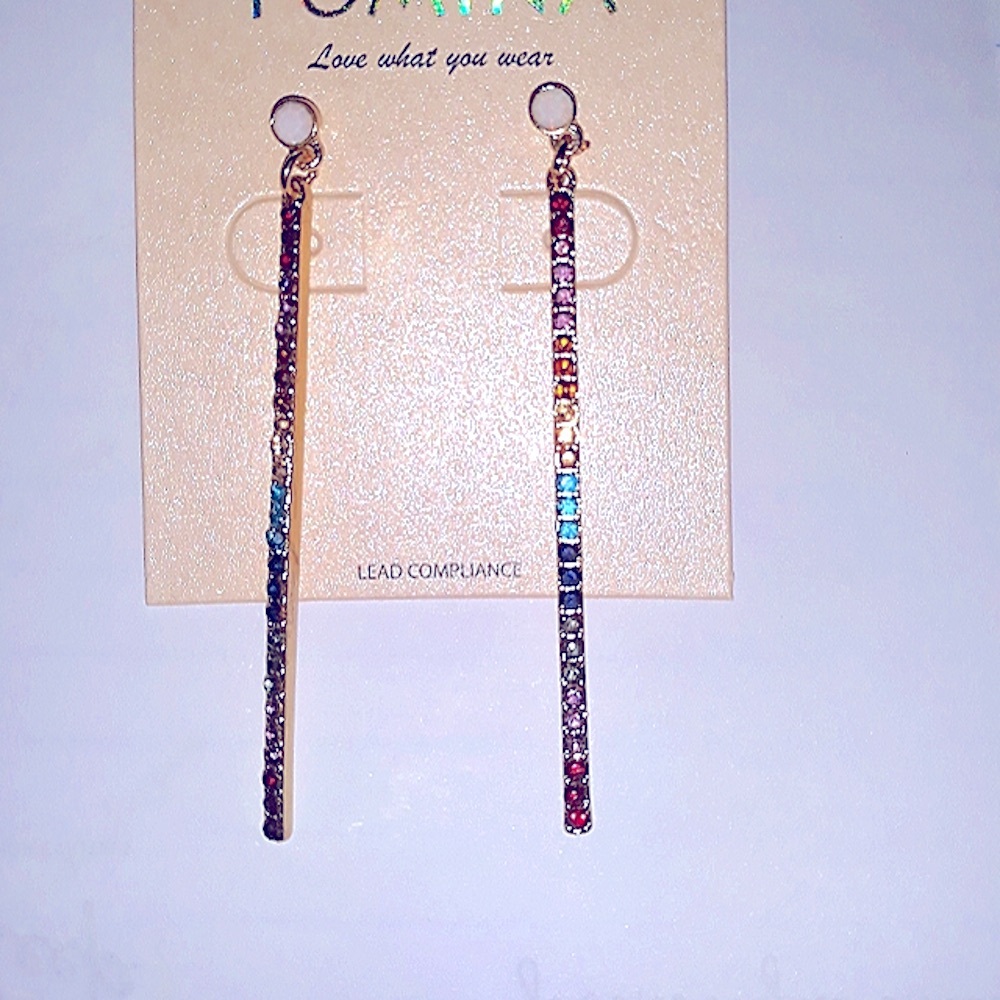 Rainbow Crystal CZ Rhinestone Dangle Drop Earrings Linear NEW in package NWT